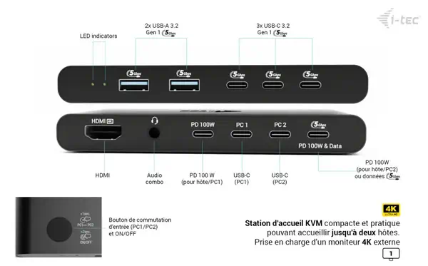 KVM Docking Station HDMI for 2 hosts, Power Delivery 2x 100W - I-Tec - Station d'accueil pour portable - visuel 4