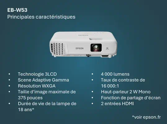 Epson EB-W53 4000 ANSI lumens 3LCD WXGA (1200x800) Blanc - Vidéoprojecteur Professionnel - visuel 1
