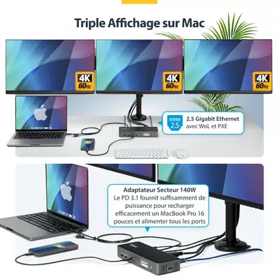 Station d'Accueil USB-C Triple Écran, Station de Recharge pour Ordinateur Portable 140 W pour MacBoo - StarTech - Station d'accueil pour portable - visuel 4