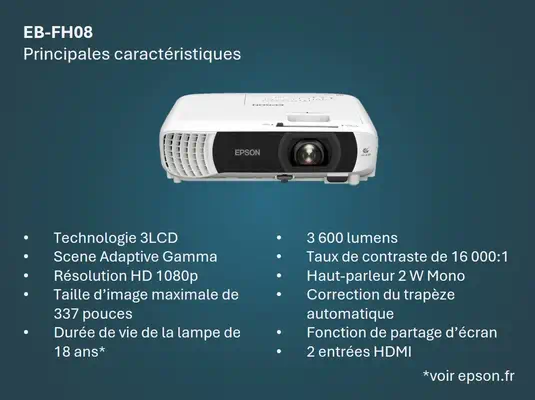 Epson EB-FH08 3600 ANSI lumens 3LCD 1080p (1920x1080) Blanc - Vidéoprojecteur Professionnel - visuel 1