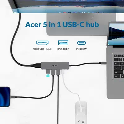 Acer 5in1 Type C Dongle Avec fil USB 3.2 Gen 1 (3.1 Gen 1) Type-C Argent - Station d'accueil pour portable - visuel 3
