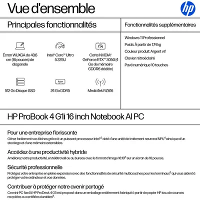 HP ProBook 4 G1i AI PC Intel Core Ultra 5 225U Ordinateur portable 40,6 cm (16") WUXGA 24 Go DDR5-SD - PC Portable - visuel 4