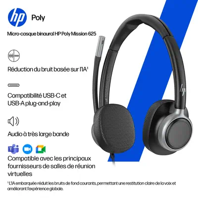 Micro-casque filaire USB binaural HP Poly Mission 625 (en vrac) - Casque Micro - visuel 5