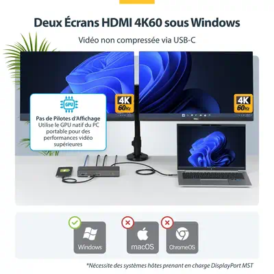 Station d'Accueil USB-C à Deux Écrans, HDMI, 4K 60Hz, Recharge d'Ordinateur Portable 100 W, 1 GbE, S - StarTech - Station d'accueil pour portable - visuel 7