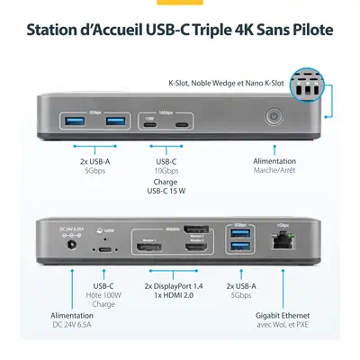 Station d'Accueil USB-C Triple Écrans 4K (2x 4K 60Hz, 1x 4K 30Hz), Alimentation 100W, 6 Ports USB (1 - StarTech - Station d'accueil pour portable - visuel 2