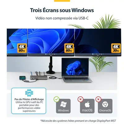Station d'Accueil USB-C Triple Écrans 4K (2x 4K 60Hz, 1x 4K 30Hz), Alimentation 100W, 6 Ports USB (1 - StarTech - Station d'accueil pour portable - visuel 3