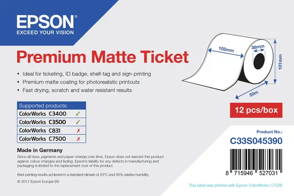 Rouleau d'étiquettes Premium Matte 102mm x 50mm pour TM-C3400 - Epson - Consommable - visuel 1