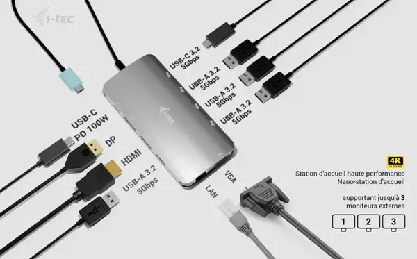 USB-C Metal Nano 3x Display (DP, HDMI and VGA) Docking Station + Power Delivery 100 W - I-Tec - Station d'accueil pour portable - visuel 7