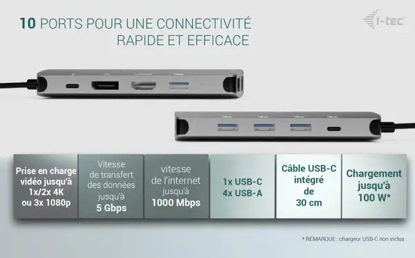 USB-C Metal Nano 3x Display (DP, HDMI and VGA) Docking Station + Power Delivery 100 W - I-Tec - Station d'accueil pour portable - visuel 6