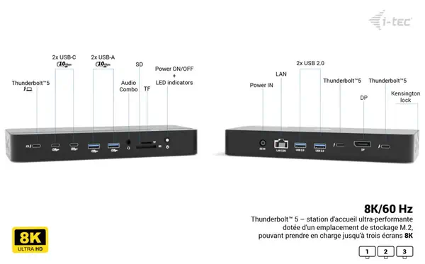 Thunderbolt 5 Triple Display Docking Station, M.2 slot, 6x USB, 2.5GLAN + Power Delivery 140W - I-Tec - Accessoire composant - visuel 4