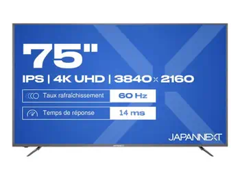 Garantie JAPANNEXT JN-IPS750UHD60F - Ecran 75p 3840x2160 4K UHD 60Hz - IPS - 450 cd/m2 - 1400:1 - HDR - HDMI