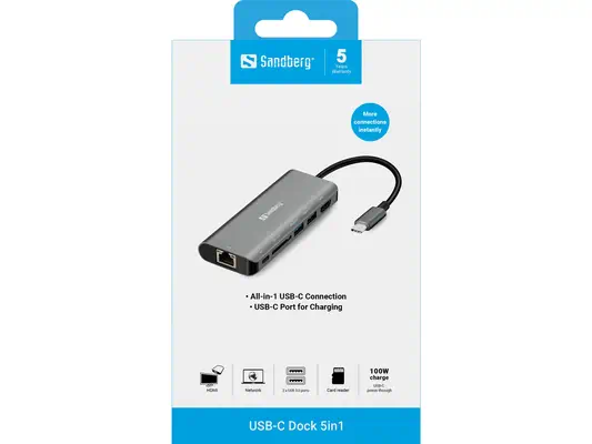 Sandberg USB-C Dock HDMI+LAN+SD+USB,100W - Station d'accueil pour portable - visuel 2
