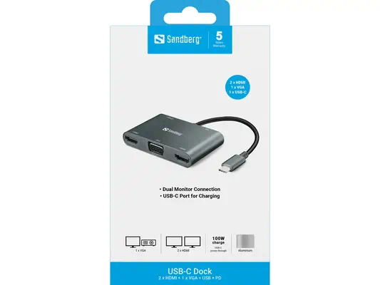 Sandberg USB-C Dock 2xHDMI+1xVGA+USB+PD - Station d'accueil pour portable - visuel 2