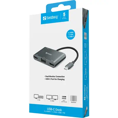 Sandberg USB-C Dock 2xHDMI+1xVGA+USB+PD - Station d'accueil pour portable - visuel 3