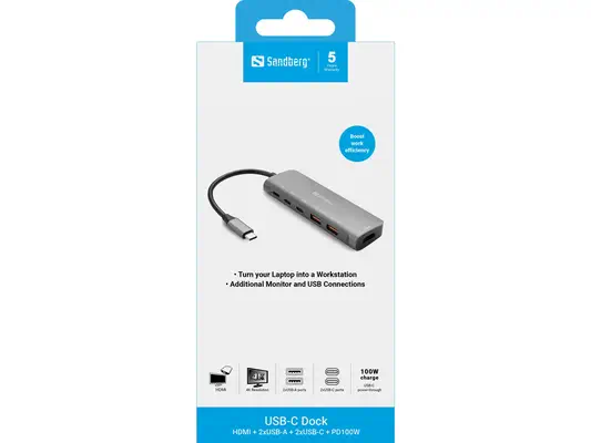 USB-C Dock HDMI + 2xUSB-A + 2xUSB-C + PD100W - Sandberg - Station d'accueil pour portable - visuel 3