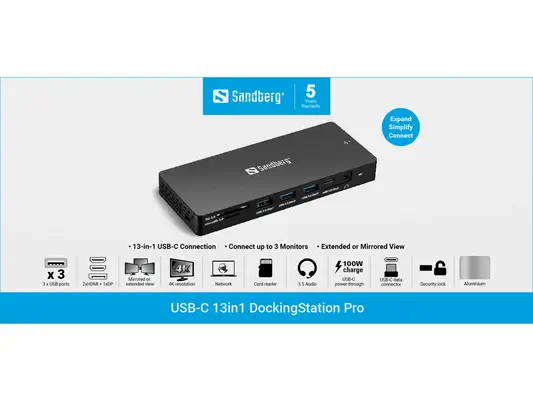 Sandberg 136-61 station d'accueil Avec fil USB 3.2 Gen 1 (3.1 Gen 1) Type-C Gris - Station d'accueil pour portable - visuel 6