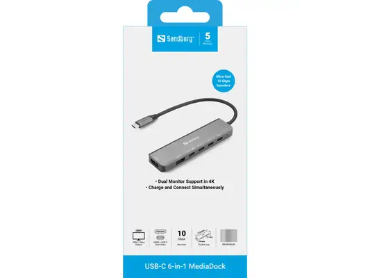 Sandberg 136-77 station d'accueil Avec fil USB 3.2 Gen 1 (3.1 Gen 1) Type-C Gris - Station d'accueil pour portable - visuel 2