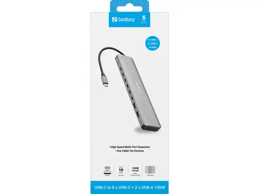 Sandberg 136-80 station d'accueil Avec fil USB 3.2 Gen 2 (3.1 Gen 2) Type-C Gris - Station d'accueil pour portable - visuel 4