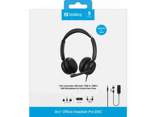 Sandberg 126-54 casque Avec fil Arceau Bureau/Centre d'appels USB Type-C / USB Type-A Noir - Casque Micro - visuel 3