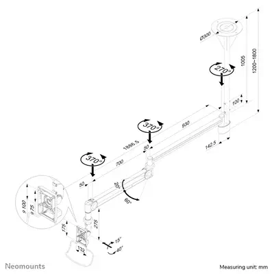 Neomounts FPMA-HAC100 Support plafond pour écran médical 10-24" - h 0-170 cm - ressort à gaz - Accessoire ENI, TBI et VPI - visuel 5