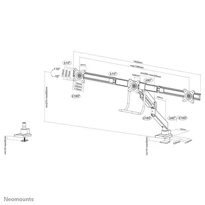 Neomounts NM-D775DX3BLACK Support d'écran à fixer 17-27" - ressort à gaz - Topfix - arrêt 180° - Support Fixe & Mobile - visuel 1