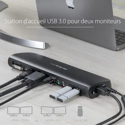Station d'Accueil pour Ordinateur Portable USB 3.0 à Double Écran avec HDMI/DVI/VGA, Hub USB-A 3x, G - StarTech - Station d'accueil pour portable - visuel 7