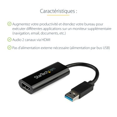 Câble adaptateur VGA vers HDMI - 2 m - 1080p - Audio USB - Alimenté par USB