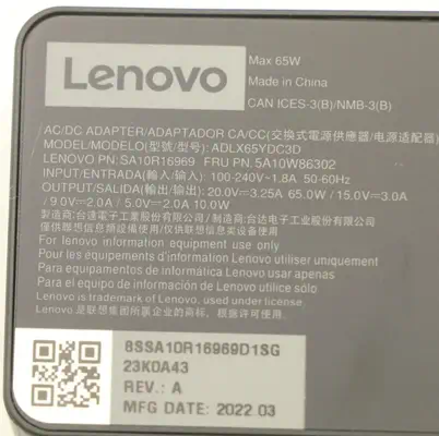 Lenovo 5A10W86302 adaptateur de puissance & onduleur Intérieure 65 W Noir - Chargeur et alimentation - visuel 8