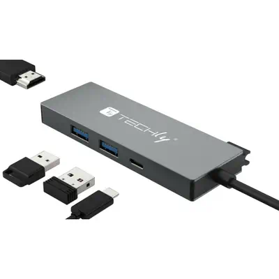 Techly IUSB32C-HUB4HPD station d'accueil Avec fil USB 3.2 Gen 2 (3.1 Gen 2) Type-C Gris - Station d'accueil pour portable - visuel 1