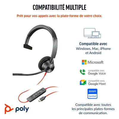 Micro-casque Poly Blackwire 3310 certifié Microsoft Teams avec adaptateur USB-C/A TAA - HP - Casque Micro - visuel 7