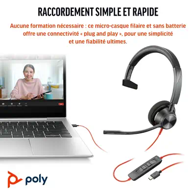 Micro-casque Poly Blackwire 3310 certifié Microsoft Teams avec adaptateur USB-C/A TAA - HP - Casque Micro - visuel 3