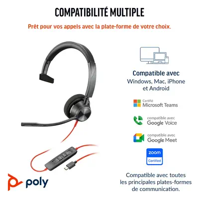 Micro-casque Poly Blackwire 3310 certifié Microsoft Teams avec adaptateur USB-C/A TAA - HP - Casque Micro - visuel 6