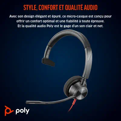 Micro-casque Poly Blackwire 3310 certifié Microsoft Teams avec adaptateur USB-C/A TAA - HP - Casque Micro - visuel 4