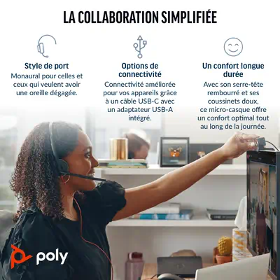 Micro-casque Poly Blackwire 3310 certifié Microsoft Teams avec adaptateur USB-C/A TAA - HP - Casque Micro - visuel 2