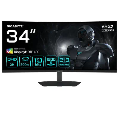 G34WQC2 Moniteur Gaming Incurvé 34” WQHD - 3440 x 1440, 1500R, 200Hz, 1ms, 450 cd/m², AMD FreeSync P - Gigabyte - Ecran Ordinateur - visuel 1