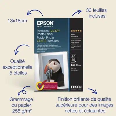 Papier photo brillant Epson Premium (130 x 180 mm), 255 g/m2, 30 feuilles - visuel 1