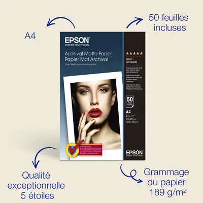 Papier photo A4 mat Epson Archival 189 g/m2, 50 feuilles - visuel 1