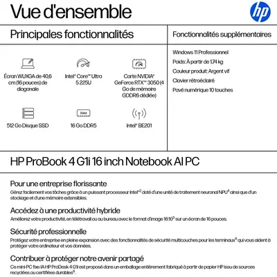 HP ProBook 4 G1i AI Intel Core Ultra 5 225U Ordinateur portable 40,6 cm (16") WUXGA 16 Go DDR5-SDRAM - PC Portable - visuel 4