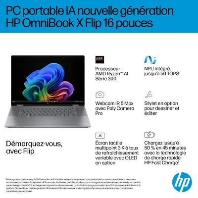 HP E0AS5EA laptop Copilot+ PC AMD Ryzen AI 7 350 40,6 cm (16") Écran tactile 2K 24 Go LPDDR5x-SDRAM  - PC Portable - visuel 4