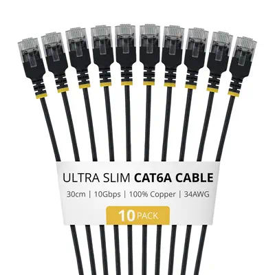Câble Ethernet Cat6A Noir Ultra-Fin de 30cm, Lot de 10, UTP, Fil de Cuivre Nu Pur, Câble Patch Résea - StarTech - Switchs et Hubs - visuel 1