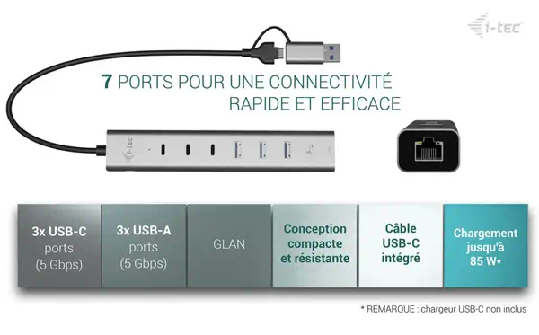 USB-C/USB-A Metal HUB 6 port (3x USB-C, 3x USB-A), LAN, Power Delivery 85W - I-Tec - Switchs et Hubs - visuel 10
