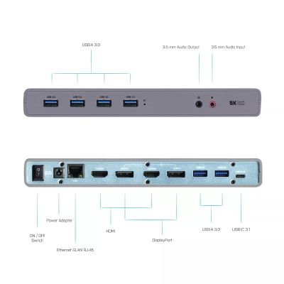 Station d'accueil USB C Double Moniteur, 16 en 1 Triple écran USB-C avec 2  HDMI, DP, Ethernet, 3 USB3.2 Gen2, AC 65W Adaptateur de Charge pour MacBook