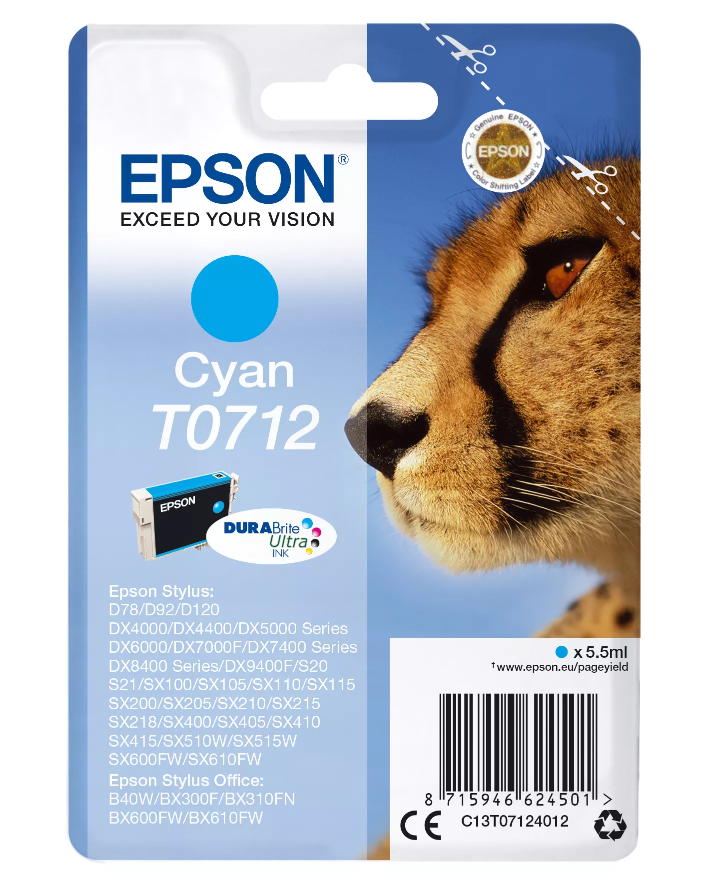 Achat EPSON T0712 cartouche dencre cyan capacité standard 5.5ml - 8715946624518