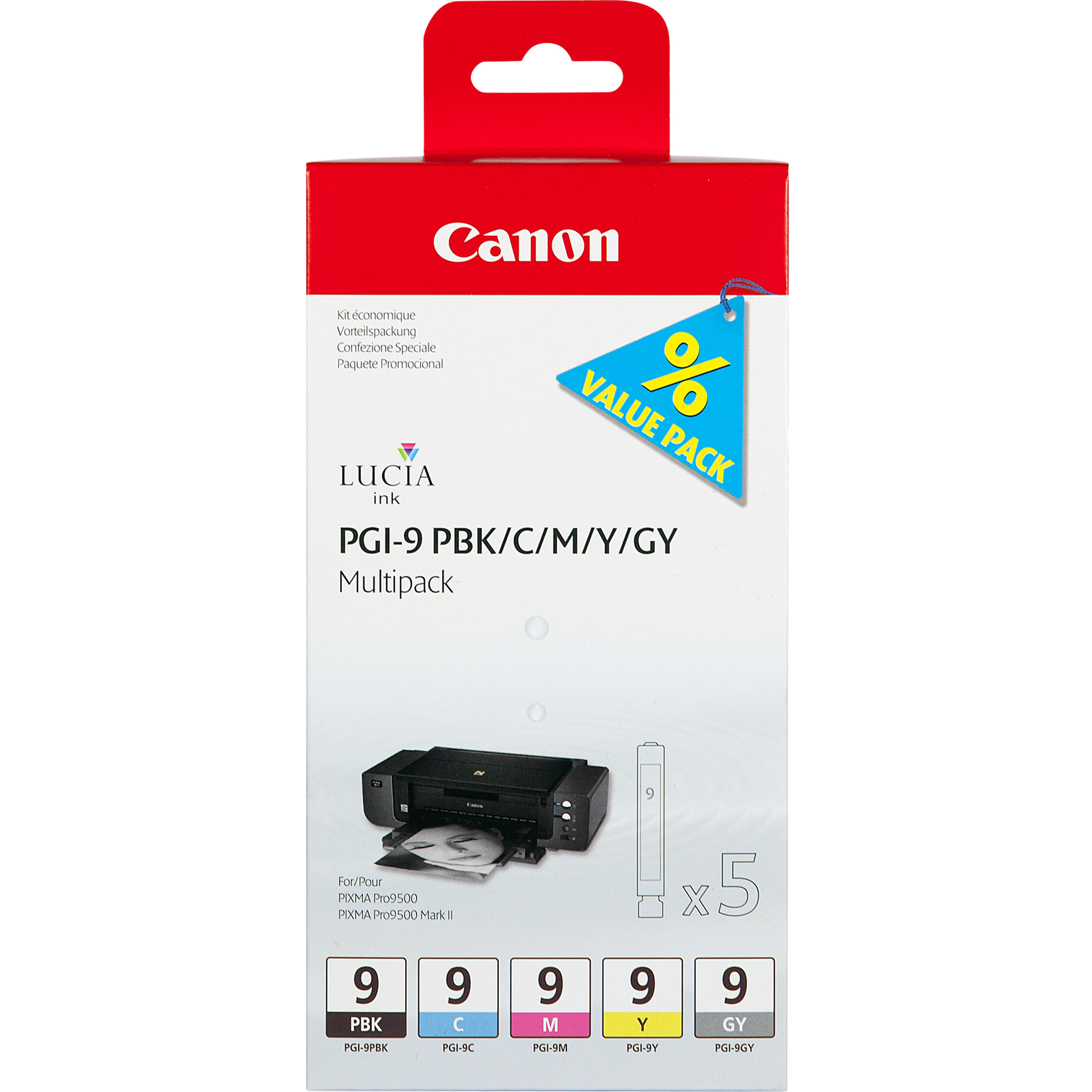 Multipack de 5 cartouches d'encre PGI-9 PBK/C/M/Y/GY - Canon - Toner - visuel 1