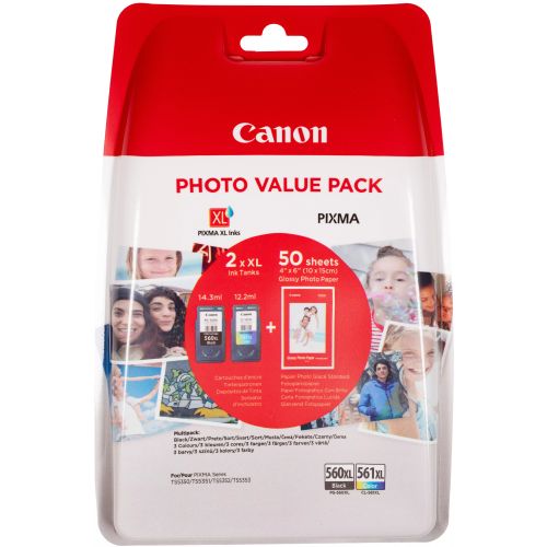 Vente Cartouches d'encre Canon Pack économique de cartouches d'encre noire PG-560XL et couleur CL-561XL + Papier Photo sur hello RSE