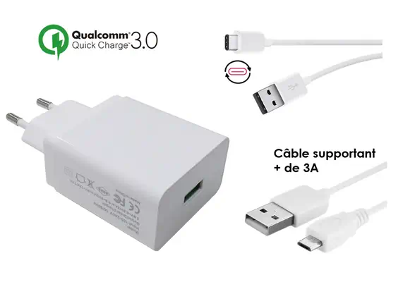 CHARGEUR SECTEUR USB QUICK CHARGE 3.0 AVEC CABLE USB-C ET CABLE MICRO USB - DLH - Accessoires Tablette - visuel 3