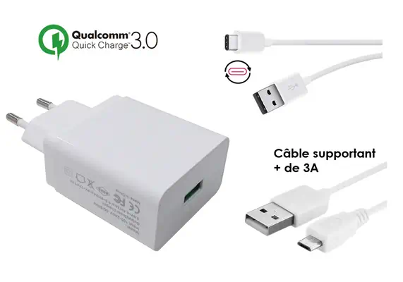 Chargeur secteur USB-A Quick Charge 3.0 avec cable USB-C et cable micro USB - DLH - Accessoires Tablette - visuel 2