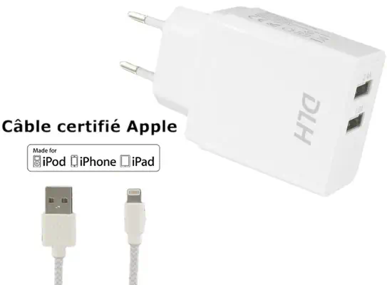 CHARGEUR SECTEUR 2 PORTS USB 12W AVEC CABLE APPLE LIGHTNING MFI POUR IPHONE ET IPAD - DLH - Batterie - visuel 1