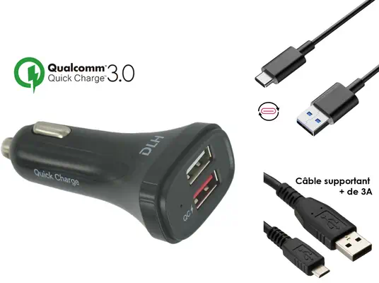 CHARGEUR VOITURE USB-A QUICK CHARGE 3.0 LIVRE AVEC CABLE USB-C ET CABLE MICRO USB. 2 Ports USB dont  - DLH - Batterie - visuel 3
