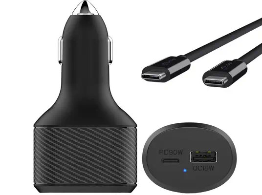 CHARGEUR VOITURE ALLUME CIGARE USB-C 90W POWER DELIVERY POUR ORDINATEUR PORTABLE + USB-A 18W QC 3.0 - DLH - Chargeur et alimentation - visuel 1